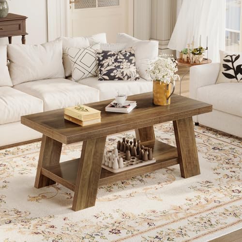 47.24" Coffee Table for Living Room, Farmhouse Wooden Coffee Table with Storage, Rectangle Rustic Accent Center Table with for Home Apartment Office, Retro Brown