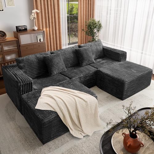 110 Corduroy Modular Sectional Boneless Sofa with 2 Ottomans, Convertible Cloud Couch with Deep Seats, Fluffy Memory Foam U Shaped Couch for Living Room, No Assembly Required (Black)
