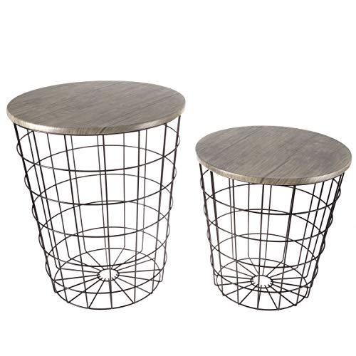 End Tables Set of 2 - Nesting Tables with Removable Wood Tops and Metal Basket Bases for Blanket Storage - Round Side Furniture for Living Room, Bedroom, or Home Office by (Gray/Black)