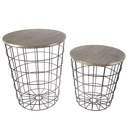 End Tables Set of 2 - Nesting Tables with Removable Wood Tops and Metal Basket Bases for Blanket Storage - Round Side Furniture for Living Room, Bedroom, or Home Office by (Gray/Black)