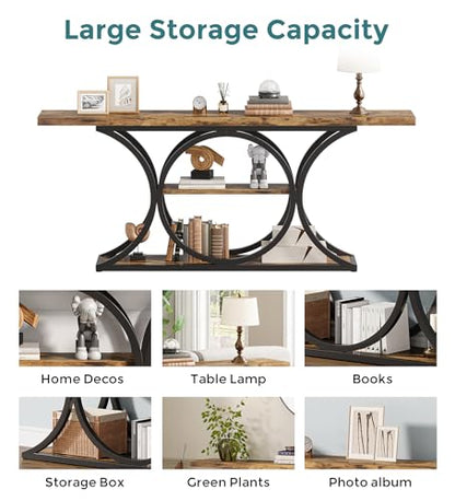 63 in Console Table for Entryway, 3-Tier Sofa Table, Brown/Black | Behind Couch Table with Metal Frame, Low Storage Shelves for Hallway, Living Room, Rustic Industrial Style