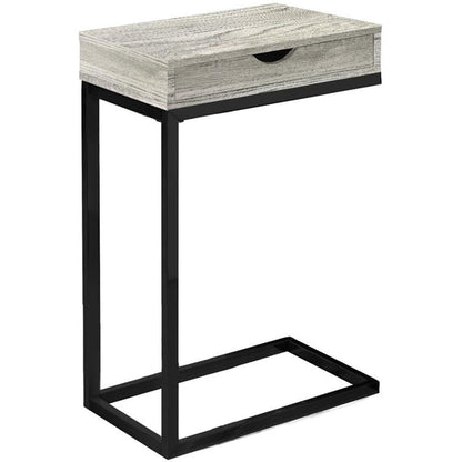 C-Shaped Accent Table with Drawer, Gray Reclaimed Look, 24.5" H x 15.75" W, Driftwood Finish, Sturdy Metal Base, Versatile Furniture for Living Room or Bedroom Use