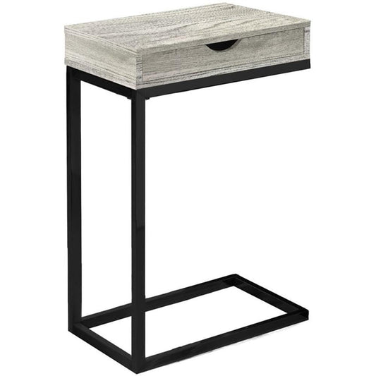 C-Shaped Accent Table with Drawer, Gray Reclaimed Look, 24.5" H x 15.75" W, Driftwood Finish, Sturdy Metal Base, Versatile Furniture for Living Room or Bedroom Use
