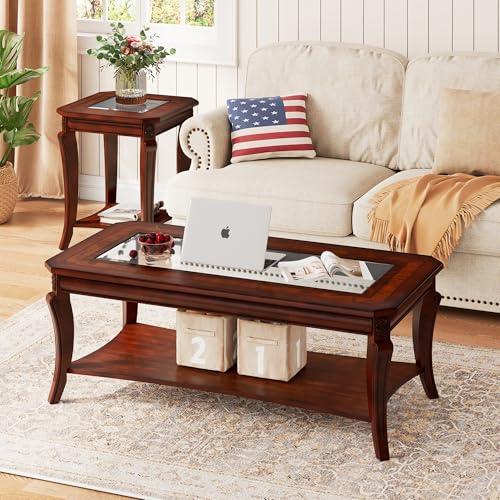 Traditional Wood Coffee Table with Glasstop, 47.2* 23.6* 17.9in | Rectangle Solid Wood Tea Table with Storage Shelf, 2-Tier Glass Center Tables in Cherry for Living Room, Large Cocktail Table