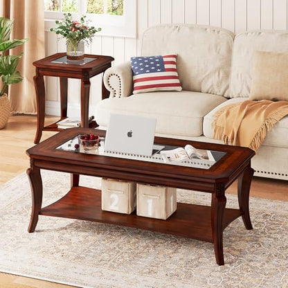 Traditional Wood Coffee Table with Glasstop, 47.2* 23.6* 17.9in | Rectangle Solid Wood Tea Table with Storage Shelf, 2-Tier Glass Center Tables in Cherry for Living Room, Large Cocktail Table