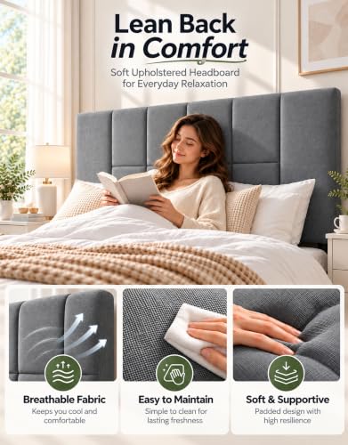 Queen Size Bed Frame with Headboard, Modern Bed Frame, Gray, view 5