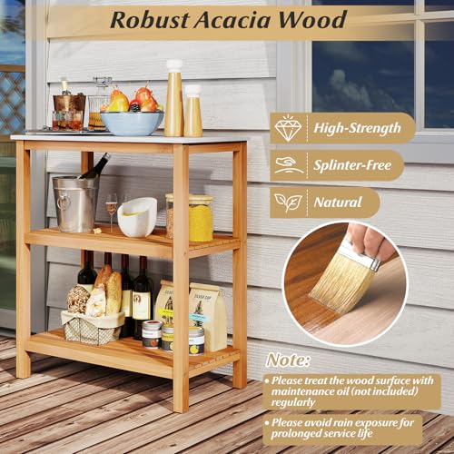 Patio Wooden Sideboard, 3-Tier Acacia Outdoor Kitchen Buffet Organizer w/Marble-Like Countertop & 2 Slatted Shelves, Garden Potting Bench Table & Plant Stand for Backyard, Garden, Deck