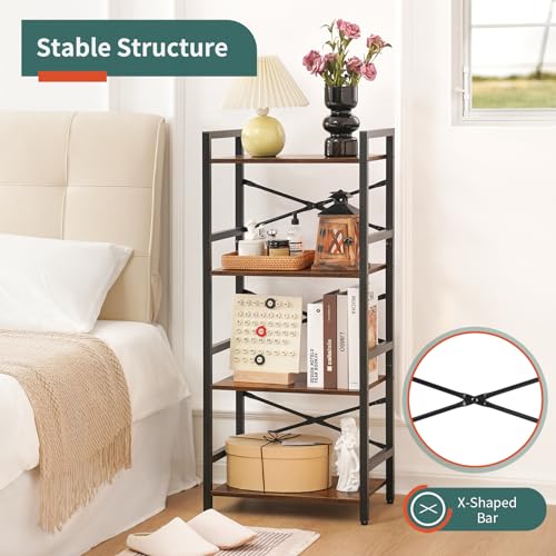 4 Tier Bookshelf - Small Book Shelf Industrial Bookcase, Narrow Book Case Book Storage Organizer for CD/Movie/Book, Bookshelves for Bedroom Office Living Room Berry Brown