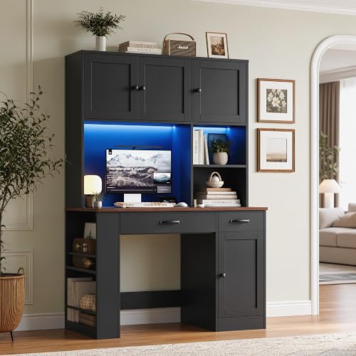 71" Tall Computer Desk with Hutch, LED & Charging Station, Black, view 3