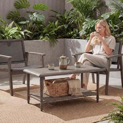 Outdoor Coffee Table Rectangular, Metal&Wicker Patio Table for Outside, Outdoor PE Wicker Coffee Table, All-Weather Coffee Side Table with Storage, Patio Furniture for Patio Balcony Porch (Brown)