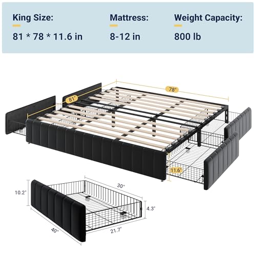 King Size Platform Bed Frame with 4 Large Storage Drawers, view 3
