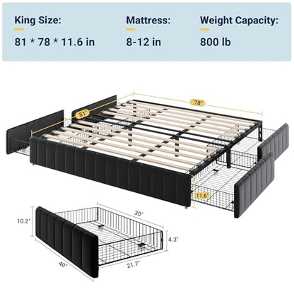 King Size Platform Bed Frame with 4 Large Storage Drawers, view 3