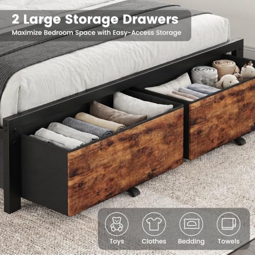Queen Size Bed Frame with Upholstered Headboard and 2 Fabric Drawers, view 7