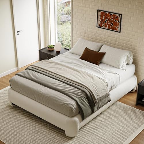 Cloud Platform Bed Frame Queen Size, Soft Boucle Bed Frame with Round Corner, view 4