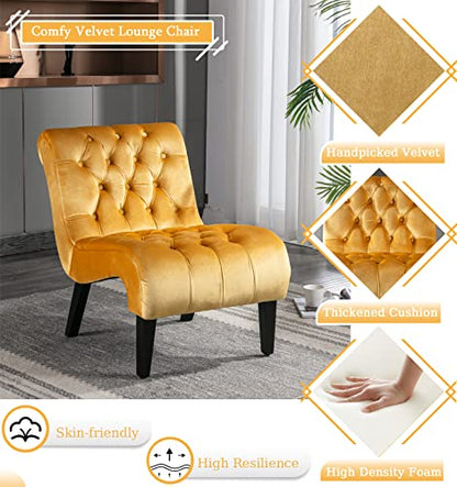 Comfy Velvet Accent Chair, Upholstered Armless Side Chair for Living Room, Modern Small Lounger with Tufted Back and Rolled Edge Design, Comfy Reading Chaise Lounge with Solid Rubber Wood Legs, Yellow