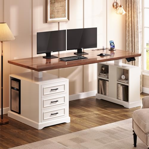 Farmhouse Electric Standing Desk, 63" Height Adjustable Computer Desk with 3 Drawers, Storage Shelves, Power Outlets, Wood Home Office Stand up Desk for Work, Study, Writing, White