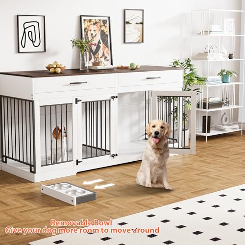 72" Double Dog Crate Furniture with Drawers and Divider, White, view 6
