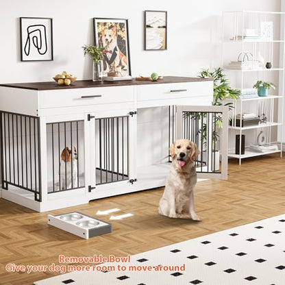 72" Double Dog Crate Furniture with Drawers and Divider, White, view 6