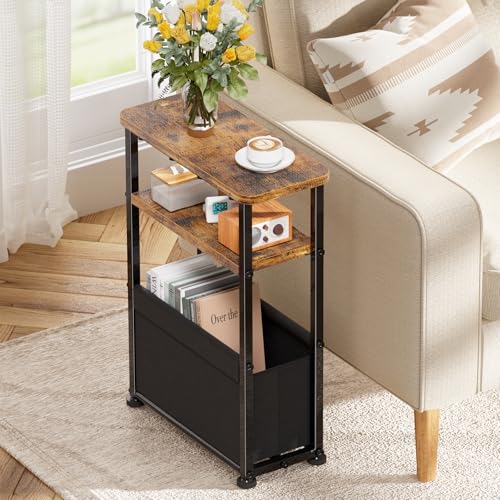 Side Table, 3-Tier Modern End Table with Fabric Basket, Skinny Bedside Table, Thin Nightstand for Bedroom Living Room, Rustic Brown