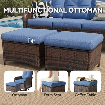 12 Piece Outdoor Patio Furniture Set with 44'' Fire Pit Table, Wicker Rattan Outdoor Furniture with High Back Swivel Rocker Chairs, Outdoor Sofa Set with Thick Cushion & Ottoman, Navy Blue