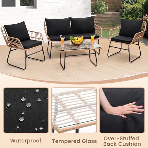 4 Piece Patio Bistro Outdoor Furniture Set, Wicker Sofa, 2 Rattan Chairs and Table, Backyard Conversation Set, Washable Cushions, Natural Rattan Black Cushion