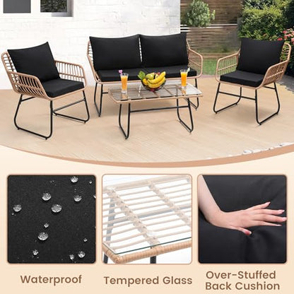4 Piece Patio Bistro Outdoor Furniture Set, Wicker Sofa, 2 Rattan Chairs and Table, Backyard Conversation Set, Washable Cushions, Natural Rattan Black Cushion