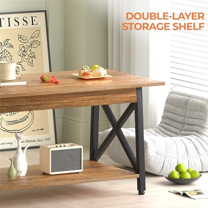 Coffee Table with Storage, 39 inch Modern 2-Tier Coffee Tables for Living Room, X-Frame Design Farmhouse Coffee Table Space Saving Living Room Tables, Easy Assembly, Walnut