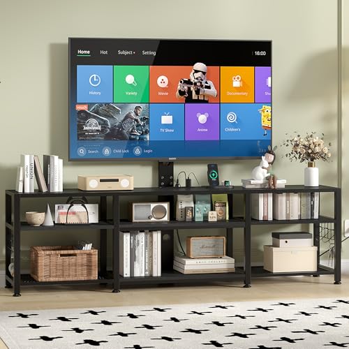 71" TV Stand with Mount and Power Outlets, Entertainment Center with Open Storage Shelves, Height Adjustable Mount up to 80”, Wooden Table and Metal Frame for Living Room, Matte Black