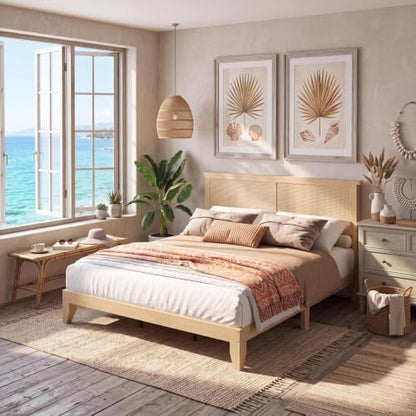 Queen Size Wood Bed Frame with LED Light and Rattan Headboard, view 2
