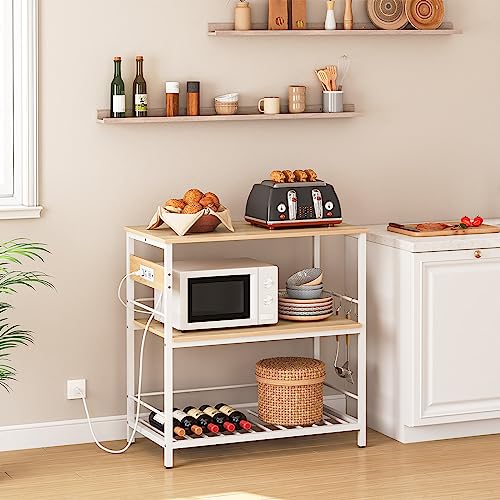 Kitchen Island with Storage, Kitchen Island Table with Power Outlet, 3 Tier Coffee Station and Microwave Stand, for Home, Kitchen and Dining Room, Natural and White WN021ZD01