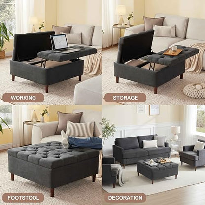35 Inch Extra Large Storage Ottoman Coffee Table, No Assembly Required, Oversized Square Ottoman with Storage, Tufted Upholstered Ottomans Coffee Table for Living Room (Fabric, Dark Grey)