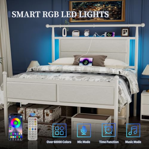 Full Size Metal Bed Frame with Upholstered Headboard and Led Lights, White, view 4