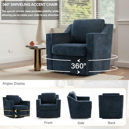 Swivel Accent Chairs Set of 2, Chenille Armchair with Lumbar, Navy | Comfortable Upholstered | Modern Reading Seat | Solid Wood Frame | High-Resilience Foam Padding | For Living Room, Bedroom