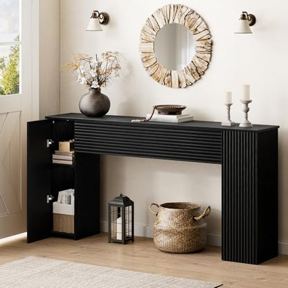61” Fluted Long Console Table with 2 Hidden Storage Cabinets, Black | Wooden Rectangular Sofa Table, Behind the Couch, Narrow Entryway Table for Entrance, Hallway, Living Room, Foyer