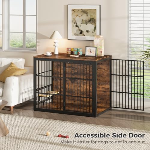 48'' XXL Dog Crate Furniture with Rotating Feeder, Rustic Brown, view 4