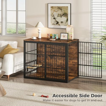48'' XXL Dog Crate Furniture with Rotating Feeder, Rustic Brown, view 4