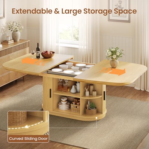 47.2"-63" Extendable Dining Table with Storage Cabinet, Fluted Wood Kitchen Table Seats 4-8, Modern Farmhouse Expandable Dining Room Table for Small Space, Apartment, Home Dining, Oak