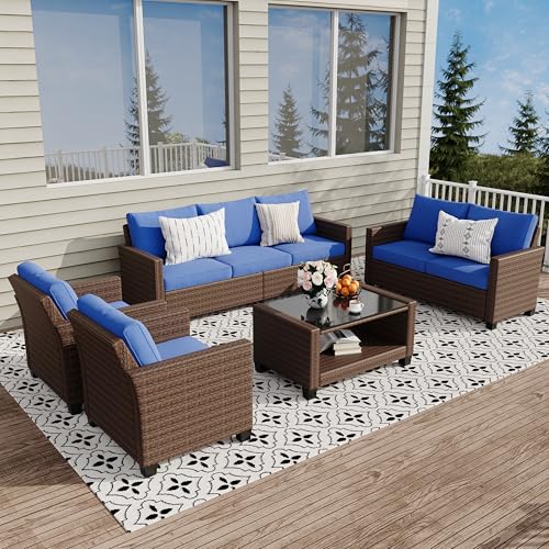 5 Pieces Patio Furniture Set, 7-Seater Rattan Wicker Patio Conversation Sets with Coffee Table, Outdoor Sectional Patio Sofa Set, Brown Rattan and Blue Cushions