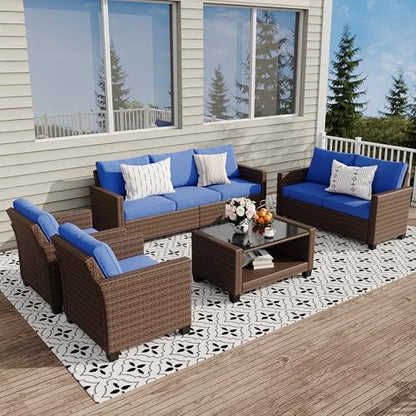 5 Pieces Patio Furniture Set, 7-Seater Rattan Wicker Patio Conversation Sets with Coffee Table, Outdoor Sectional Patio Sofa Set, Brown Rattan and Blue Cushions