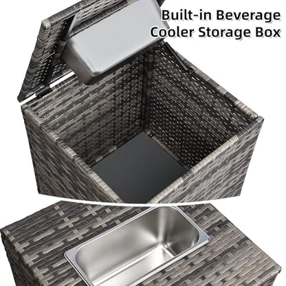 4 Piece Patio Furniture Set w/Built-in Cooler Storage Box, Grey/Grey | All-Weather Hand-Woven Rattan | Tempered Glass Table | Beverage Cooler | Comfy Loveseat | Indoor & Outdoor Use