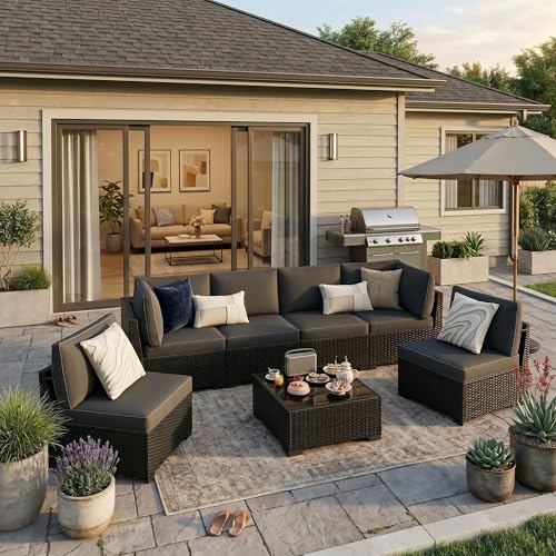 7-Piece Patio Furniture Set, All-Weather PE Rattan Outdoor Sectional Sofa, Modular Wicker Conversation Set with Thick Washable & Easy-Clean Coffee Table（Black/Black-X）
