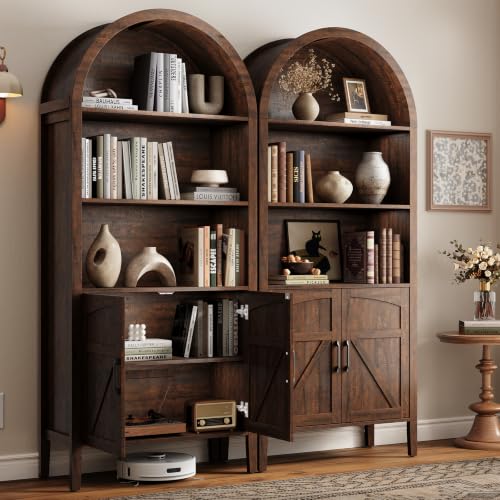 Brown 5-tier arched bookshelf with door and adjustable shelves, view 4