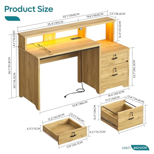 55-Inch Computer Desk with Power Outlets & LED Lights, Natural Oak, view 4