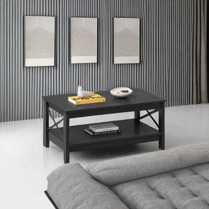 Coffee Table for Living Room, Modern Farmhouse Coffee Table with Storage, 2-Tier Center Table Wood Living Room Table Accent Cocktail with Sturdy Frame, Black