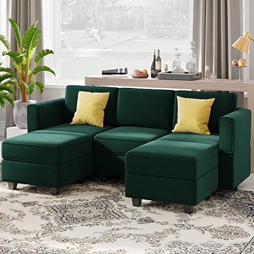 Modular Sectional Sofa with Double Chaise Velvet U Shaped Sofa Reversible Sectional Couch with Storage Green