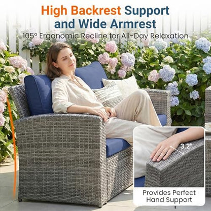 Patio Furniture Set, Wicker Outside Outdoor Furniture for All Weather, Patio Sofa with High Backrest Support and Wide Armrest for Backyard, Balcony, Deck, Porch, Navy Blue