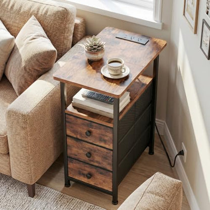 End Tables Living Room with Charging Station, Narrow Side Table with USB Ports and Outlets, Slim Nightstand with 3 Fabric Drawers for Bedroom, Small Space, Rustic Brown, HETN013BR-1