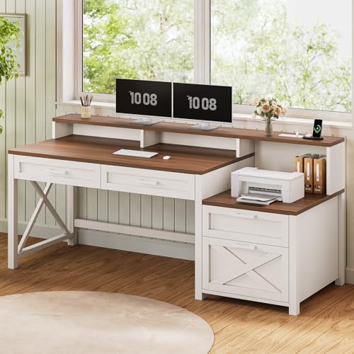Farmhouse Home Office Desk with File Drawer & Power Outlet, Computer Desk with 4 Drawer, Storage Shelves, Printer Cabinet and Monitor Shelf, Gaming Desk with Led Lights, White Brown