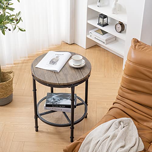 20" Side Table, Round End Tables Living Room, Industrial Small End Table with Metal Mesh, Rustic Farmhouse Side Tables for Bedroom, Office, Corner, Walnut