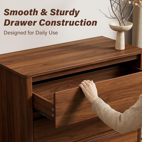 Walnut Dresser for Bedroom, 5 Drawer Dresser with Wood Legs, Tall Wood Dresser, view 5